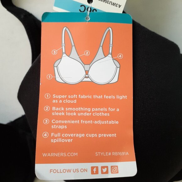 NWT Warners Cloud 9 Super Soft Underwire Lightly Lined T-Shirt Bra Black 36C - Picture 11 of 13